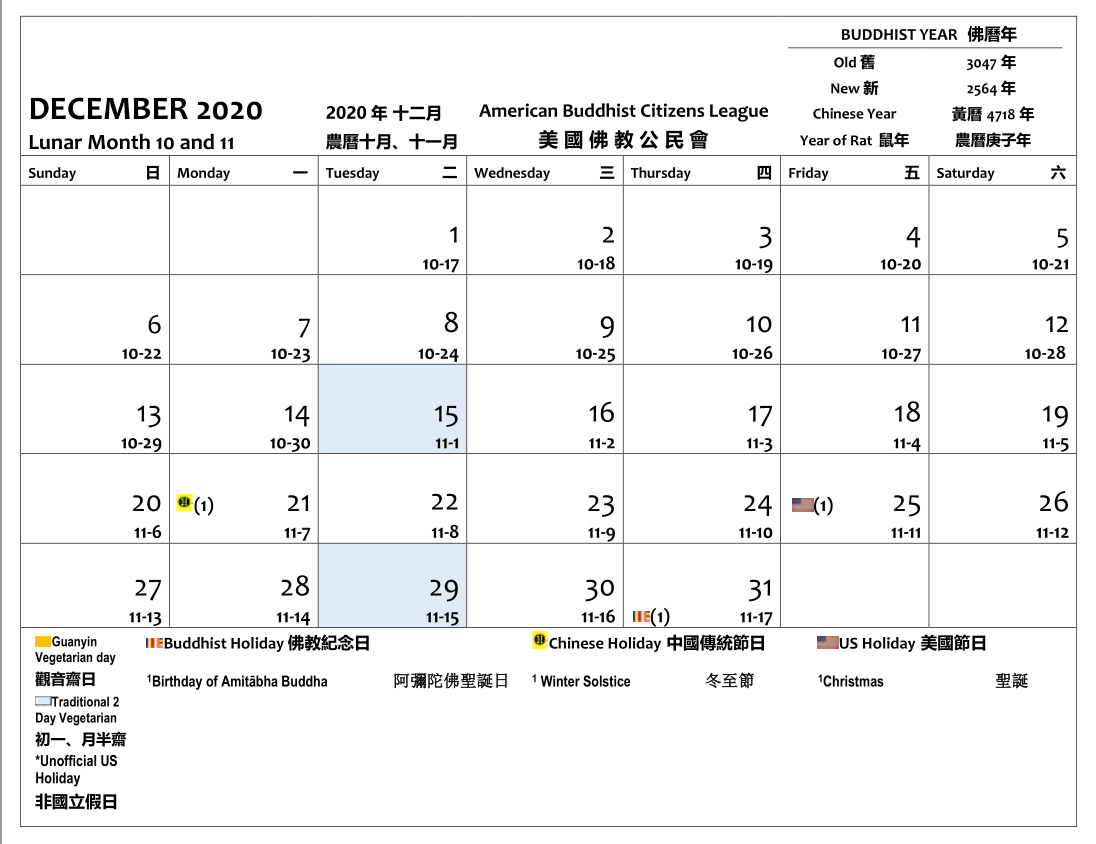 2020年十二月。十五號和廿九號是初一以及月半齋日。三十一號是佛教紀念日，是阿彌陀佛的聖誕日。廿一號是冬至。年五號是聖誕。